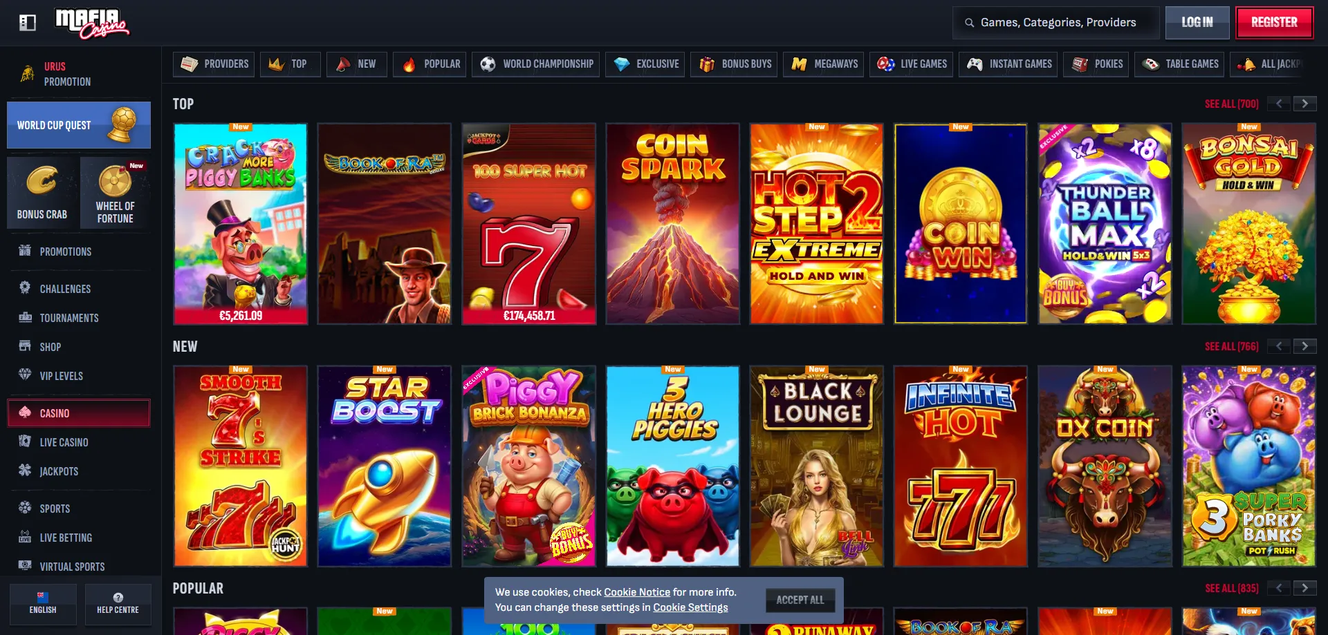 Mafia Casino slot games lobby — 15,000+ titles including exclusives