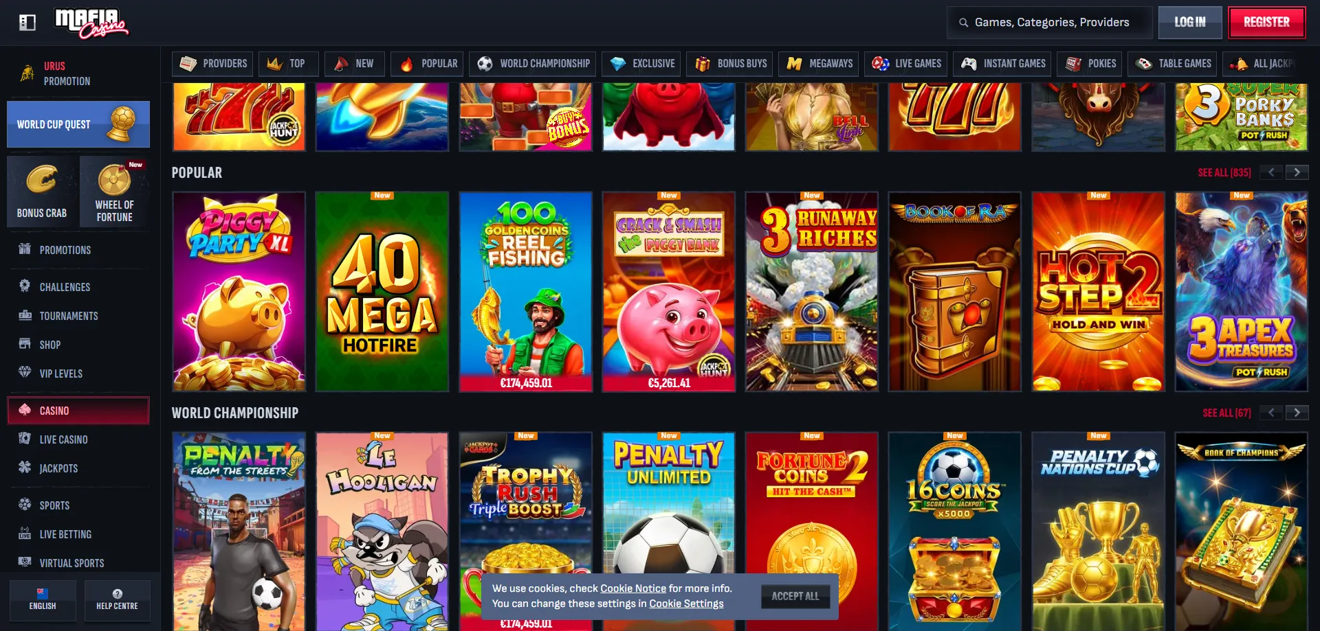Mafia Casino providers — Pragmatic Play, Evolution and Play n GO games